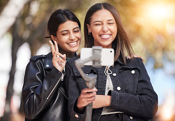 Image showing Smile, selfie and peace sign with friends in city for social media, happy and support. Happiness, profile picture and live streaming with women in outdoor for internet, post and youth together