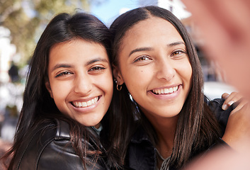 Image showing Face, friends and selfie of women in city, smile and bonding together outdoor for travel on vacation. Portrait, profile picture and girls with photography for happy memory, social media and holiday