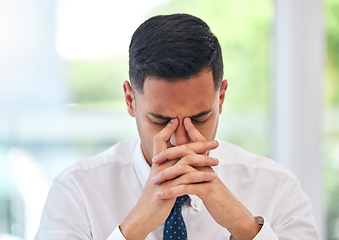 Image showing Tired, headache and face of business man in office with anxiety, mental health problem and bankruptcy. Frustrated, burnout and stress of male employee working with fatigue, debt risk and challenge