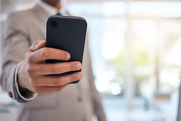 Image showing Hands, business man and typing with phone for social network information, mobile internet and search website. Closeup, office worker and smartphone to contact, digital news app and technology space