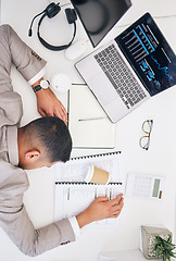 Image showing Above, tired and a businessman with work burnout, investment or financial analysis stress. Desk, documents and an audit employee sleeping in an office with paperwork or finance data deadline