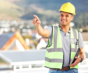 Image showing Construction, man and pointing for inspection, civil engineering and property site in city with tablet. Happy contractor, architect and show development of buildings, urban project and infrastructure