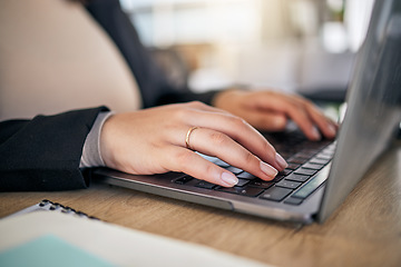 Image showing Closeup, hands and typing on a laptop at a desk for secretary work, email check or connection. Office, business and a corporate employee or receptionist with a computer for a website or research