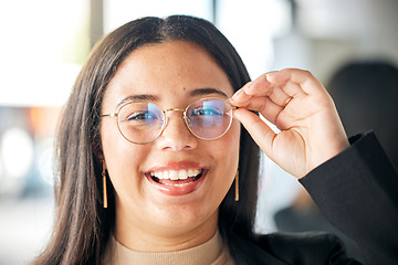 Image showing Eye care, happy and portrait of woman with glasses for eyesight, prescription lens frame or optical vision support. Face accessory, happiness and female person smile for high quality eyeglasses