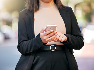 Image showing Phone, hands typing and woman outdoor on social media, email or networking. Smartphone, digital technology and person on mobile app, scroll internet or website for communication online in urban city