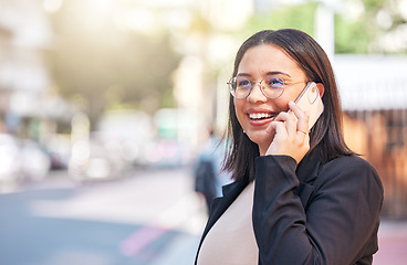 Image showing Happy, phone call and business woman in city for communication, networking and contact. Technology, conversation and professional with female employee in outdoors for chat, connection and online