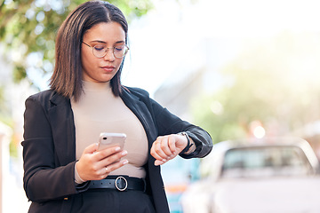 Image showing Business, woman and checking time in city with phone for schedule for meeting with planning in morning. Appointment, professional female and looking at watch in street for interview in outdoor.