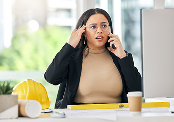 Image showing Stress, phone call and architecture with business woman in office for anxiety, communication and building plans. Frustrated, engineer and blueprints with employee for construction, fail and problem