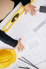 Image showing Blueprint paperwork, architect hands and person review development project, floor plan or design info. Illustration, top view documents and planning developer analysis of architecture engineering