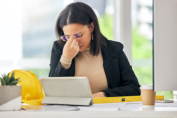 Image showing Mental health, architect burnout and woman stress over development project, floor plan analysis or design. Sad, headache problem and business person depressed about architecture engineering mistake