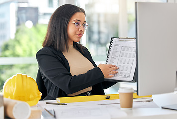 Image showing Computer video call, woman and architect presentation for development project, business process schedule or agenda. Webinar, architecture and corporate person show clipboard info in online conference