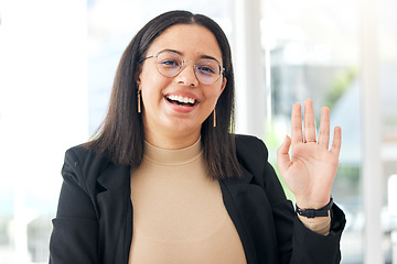 Image showing Video call, happiness or business woman greeting, wave hello and happy for HR management work, job or career. Corporate company, face portrait or professional person welcome in human resources office