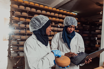 Image showing Arab business partners checking the quality of cheese in the industry and enter data into a laptop. Small business concept