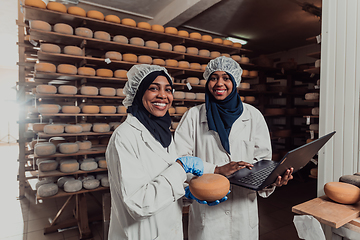 Image showing Arab business partners checking the quality of cheese in the industry and enter data into a laptop. Small business concept