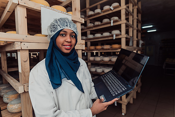 Image showing African American Muslim businesswoman checking product quality and entering data into a laptop at a local cheese manufacturing company