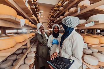 Image showing Arab business partners checking the quality of cheese in the industry and enter data into a laptop. Small business concept