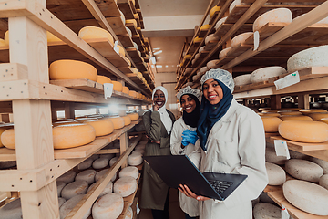 Image showing Arab business partners checking the quality of cheese in the industry and enter data into a laptop. Small business concept