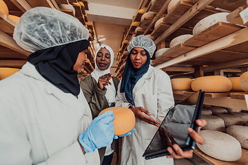 Image showing Arab business partners checking the quality of cheese in the industry and enter data into a laptop. Small business concept