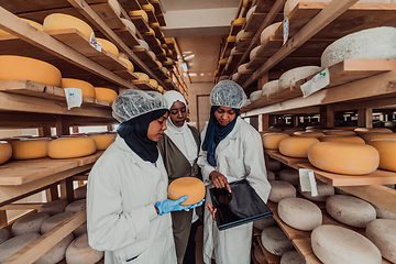 Image showing Arab business partners checking the quality of cheese in the industry and enter data into a laptop. Small business concept