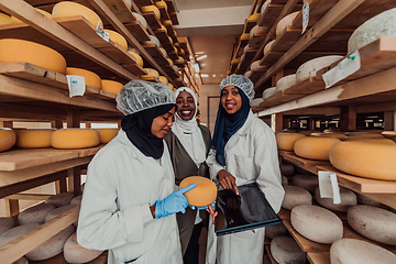 Image showing Arab business partners checking the quality of cheese in the industry and enter data into a laptop. Small business concept