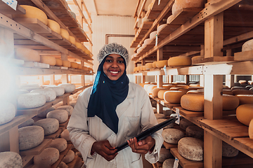 Image showing African American Muslim businesswoman checking product quality and entering data into a laptop at a local cheese manufacturing company