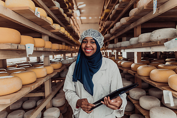 Image showing African American Muslim businesswoman checking product quality and entering data into a laptop at a local cheese manufacturing company