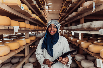 Image showing African American Muslim businesswoman checking product quality and entering data into a laptop at a local cheese manufacturing company