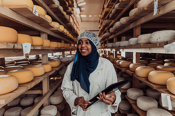 Image showing African American Muslim businesswoman checking product quality and entering data into a laptop at a local cheese manufacturing company