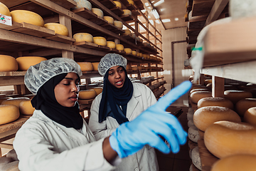 Image showing Arab business partners checking the quality of cheese in the industry and enter data into a laptop. Small business concept