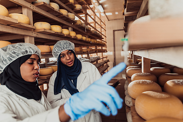 Image showing Arab business partners checking the quality of cheese in the industry and enter data into a laptop. Small business concept