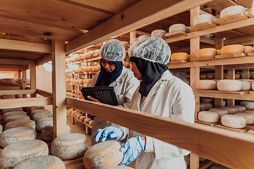 Image showing Arab business partners checking the quality of cheese in the industry and enter data into a laptop. Small business concept