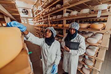 Image showing Arab business partners checking the quality of cheese in the industry and enter data into a laptop. Small business concept