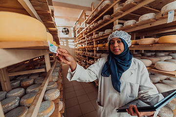 Image showing African American Muslim businesswoman checking product quality and entering data into a laptop at a local cheese manufacturing company