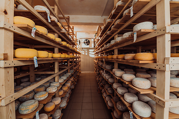 Image showing A large storehouse of manufactured cheese standing on the shelves ready to be transported to markets