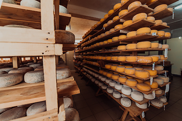 Image showing A large storehouse of manufactured cheese standing on the shelves ready to be transported to markets