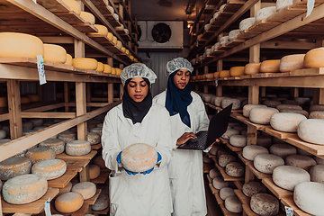 Image showing Business of a Muslim partners in a cheese warehouse, checking the quality of cheese and entering data into laptop