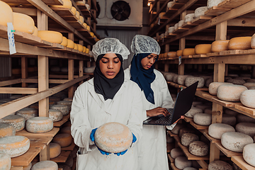 Image showing Business of a Muslim partners in a cheese warehouse, checking the quality of cheese and entering data into laptop