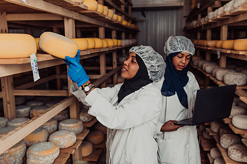 Image showing Business of a Muslim partners in a cheese warehouse, checking the quality of cheese and entering data into laptop