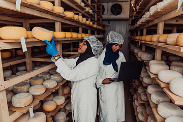 Image showing Business of a Muslim partners in a cheese warehouse, checking the quality of cheese and entering data into laptop