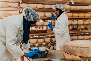 Image showing Muslim business partners checking the quality of cheese in the modern industry