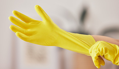 Image showing Hand, gloves and cleaning service for bacteria in home with safety from germs or dirt or mockup. Cleaner, dust and rubber protection for household maintenance in apartment for hygiene or wellness.