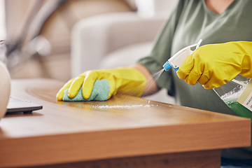Image showing Hands, gloves and cleaning service a table in a home with safety from germs or dirt. Cleaner, dust and rubber protection with spray for household maintenance with a woman in a clean apartment
