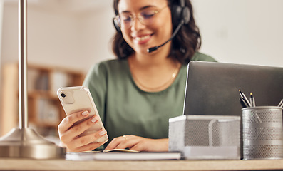 Image showing Woman, smartphone and typing in call center for communication, chat support or CRM consulting. Hands of virtual assistant texting on cellphone, reading telemarketing notification or contact for sales