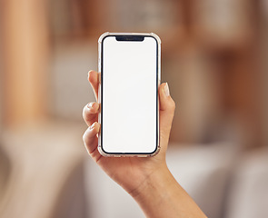 Image showing Hand, phone and blank or mockup screen for advertising website, internet connection or network. Person with a smartphone and space for ux, mobile app ui or digital marketing and branding promotion