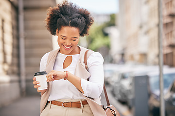 Image showing Happy, woman and time for coffee break in the city before business, meeting and check watch in urban, town or outdoor. Work, schedule and African businesswoman walking in morning to corporate office