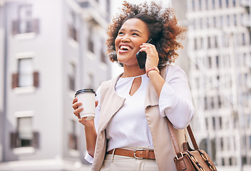 Image showing Phone call, woman and coffee break in the city for business, meeting and conversation, communication or network connection. Work, discussion and African businesswoman walking in morning to office