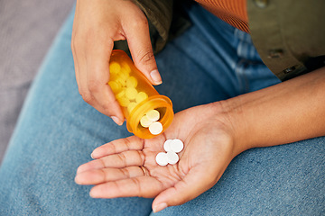 Image showing Hands, above and a person with a bottle of medicine for pain, supplement or vitamin c. Closeup, container and a patient with pills, tablet or medical support for mental health, anxiety or virus