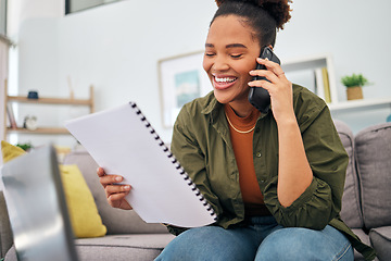 Image showing Phone call, documents and remote work with a freelance woman on a sofa in the living room of her home. Contact, contract and information with a happy young female entrepreneur talking on her mobile