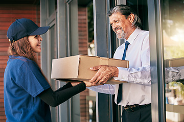 Image showing Delivery, box and business man at front door for package, ecommerce and supply chain. Shipping, cargo and logistics with courier woman and customer for exchange, distribution and mail postage