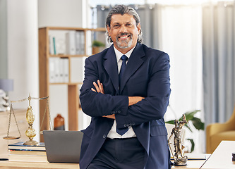 Image showing Portrait, lawyer and arms crossed with smile man in office for legal advice at law firm. Attorney, judge and male person with confidence as a work professional at consulting agency with happy face.